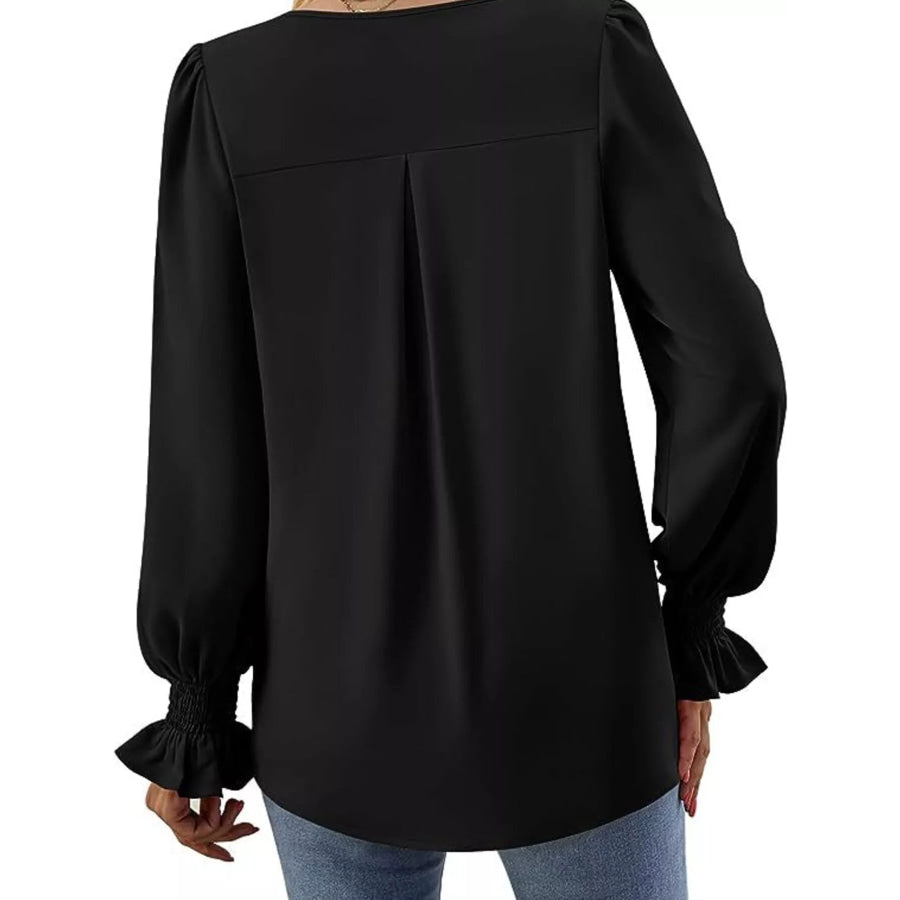 V-Neck Long Sleeve Ruffle Cuff Blouse Black / S Apparel and Accessories