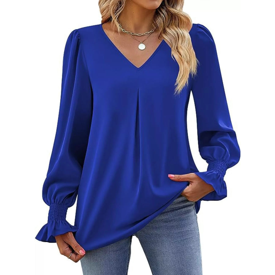 V-Neck Long Sleeve Ruffle Cuff Blouse Blue / S Apparel and Accessories