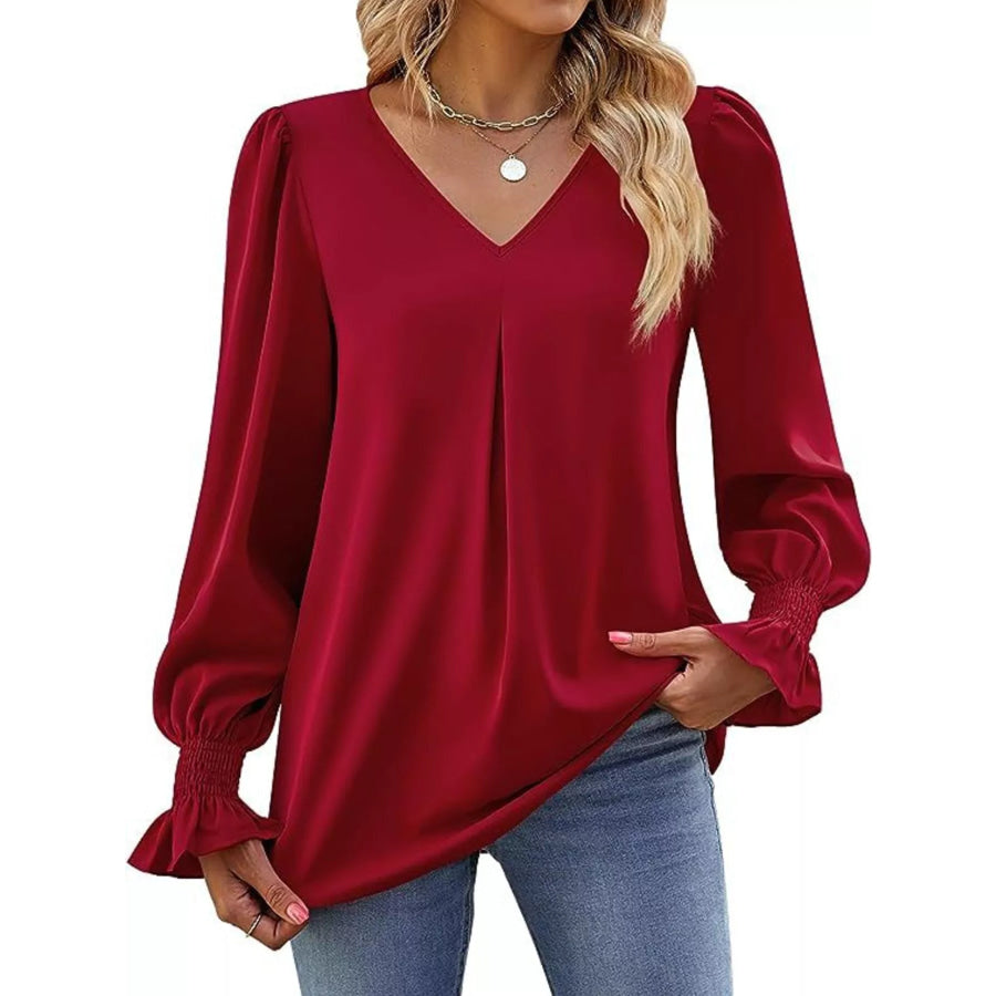 V-Neck Long Sleeve Ruffle Cuff Blouse Burgundy / S Apparel and Accessories