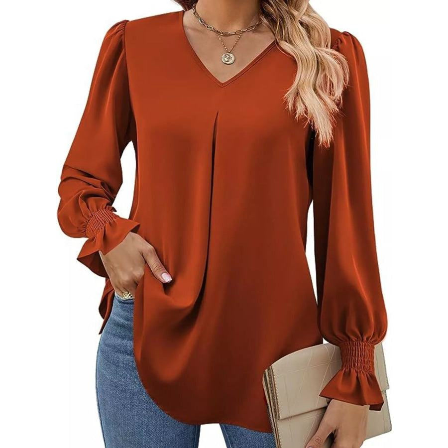 V-Neck Long Sleeve Ruffle Cuff Blouse Caramel / S Apparel and Accessories