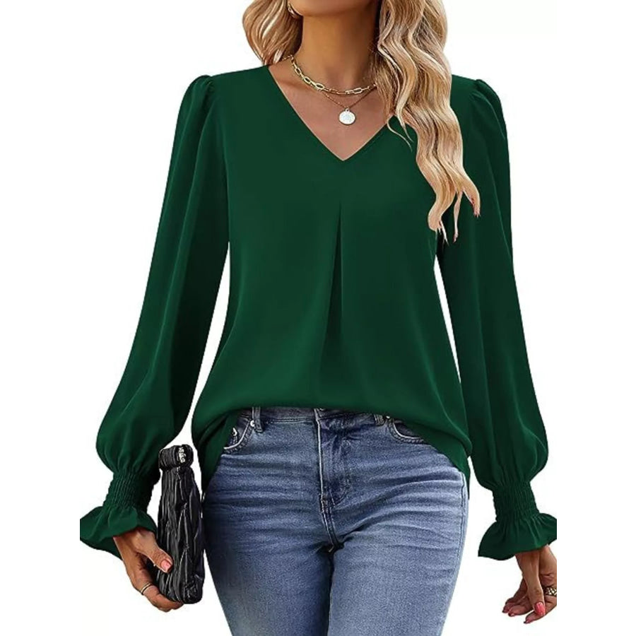 V-Neck Long Sleeve Ruffle Cuff Blouse Green / S Apparel and Accessories