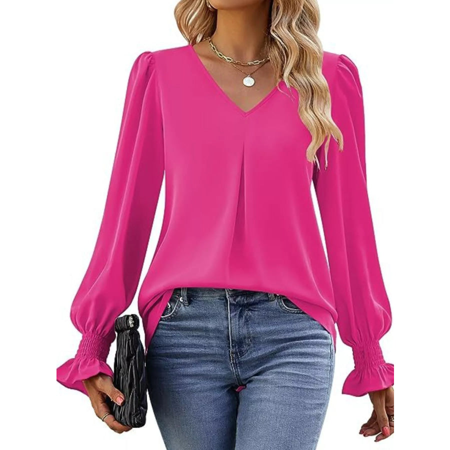 V-Neck Long Sleeve Ruffle Cuff Blouse Hot Pink / S Apparel and Accessories
