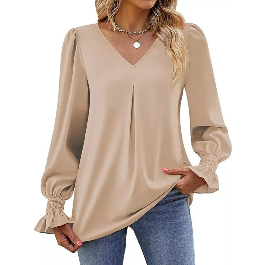 V-Neck Long Sleeve Ruffle Cuff Blouse Khaki / S Apparel and Accessories