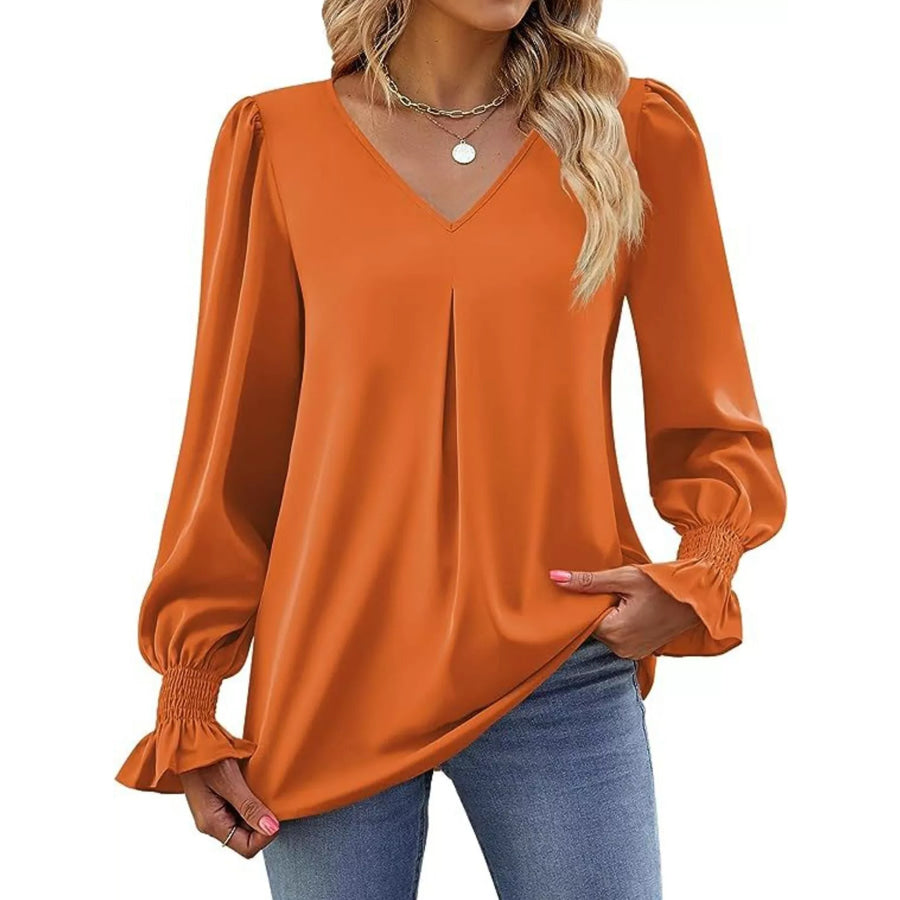 V-Neck Long Sleeve Ruffle Cuff Blouse Orange / S Apparel and Accessories