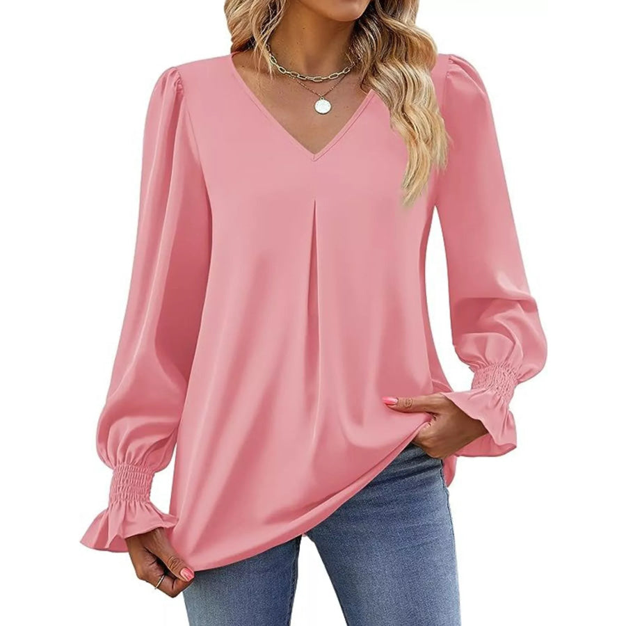 V-Neck Long Sleeve Ruffle Cuff Blouse Pink / S Apparel and Accessories