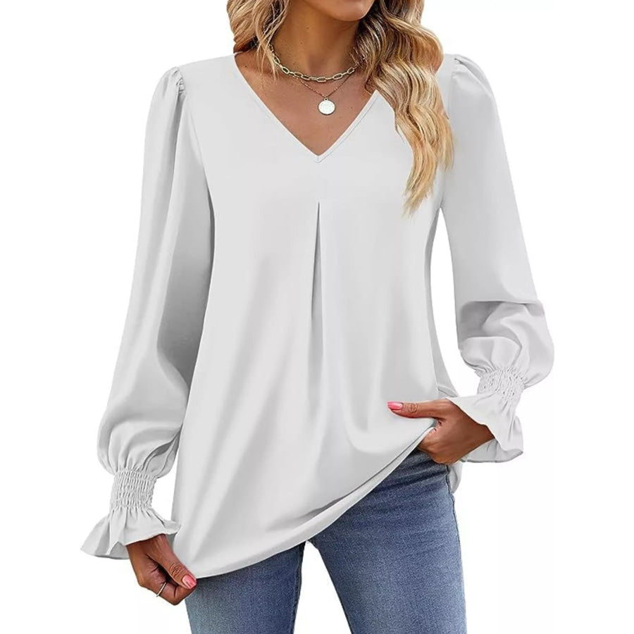 V-Neck Long Sleeve Ruffle Cuff Blouse White / S Apparel and Accessories