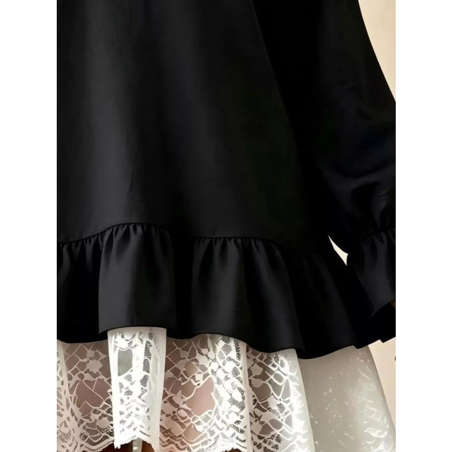 V-Neck Long Sleeve Ruffle Hem Lace Detail Dress Apparel and Accessories