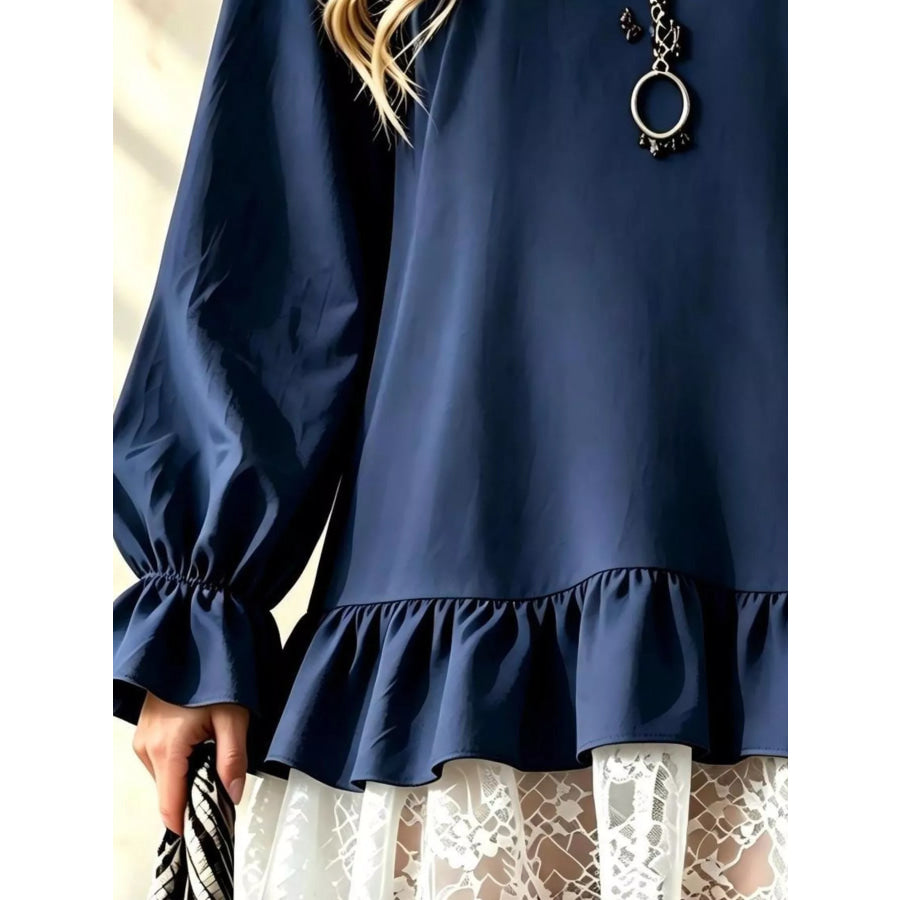 V-Neck Long Sleeve Ruffle Hem Lace Detail Dress Apparel and Accessories