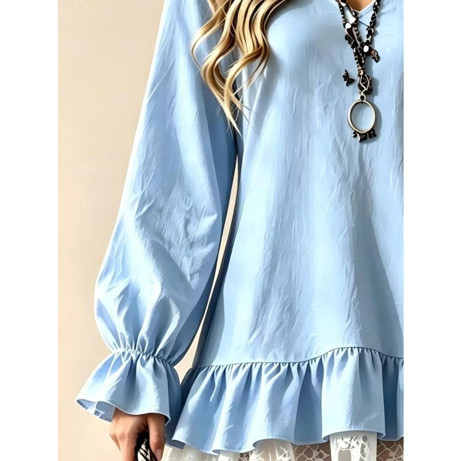 V-Neck Long Sleeve Ruffle Hem Lace Detail Dress Apparel and Accessories