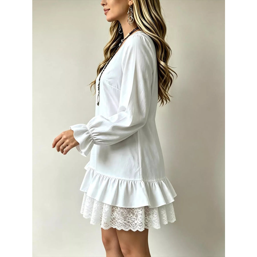 V-Neck Long Sleeve Ruffle Hem Lace Detail Dress Apparel and Accessories