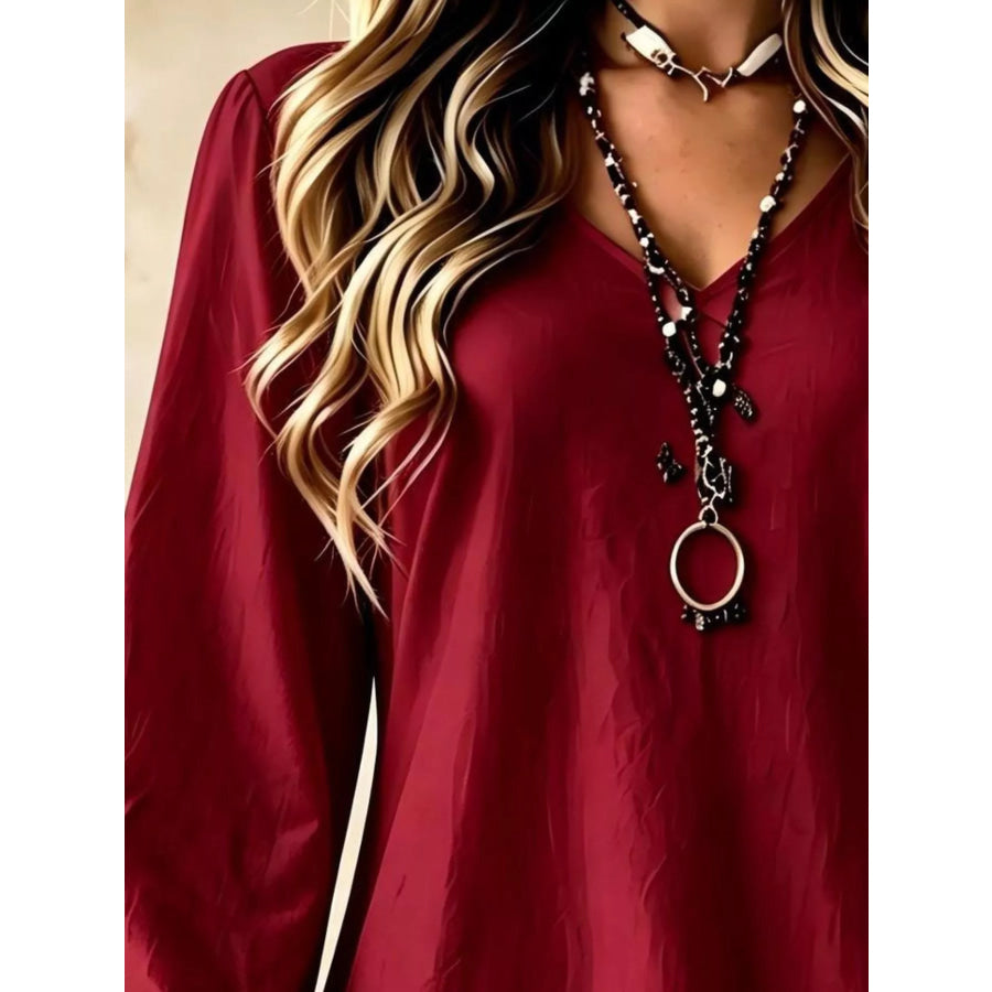 V-Neck Long Sleeve Ruffle Hem Lace Detail Dress Apparel and Accessories