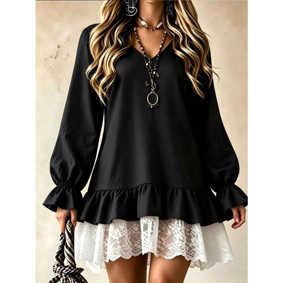 V-Neck Long Sleeve Ruffle Hem Lace Detail Dress Black / S Apparel and Accessories