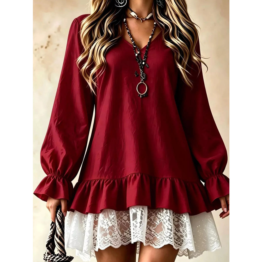 V-Neck Long Sleeve Ruffle Hem Lace Detail Dress Burgundy / S Apparel and Accessories