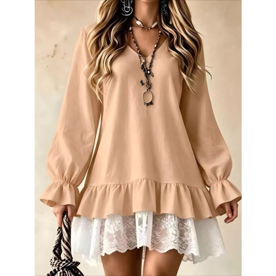 V-Neck Long Sleeve Ruffle Hem Lace Detail Dress Camel / S Apparel and Accessories