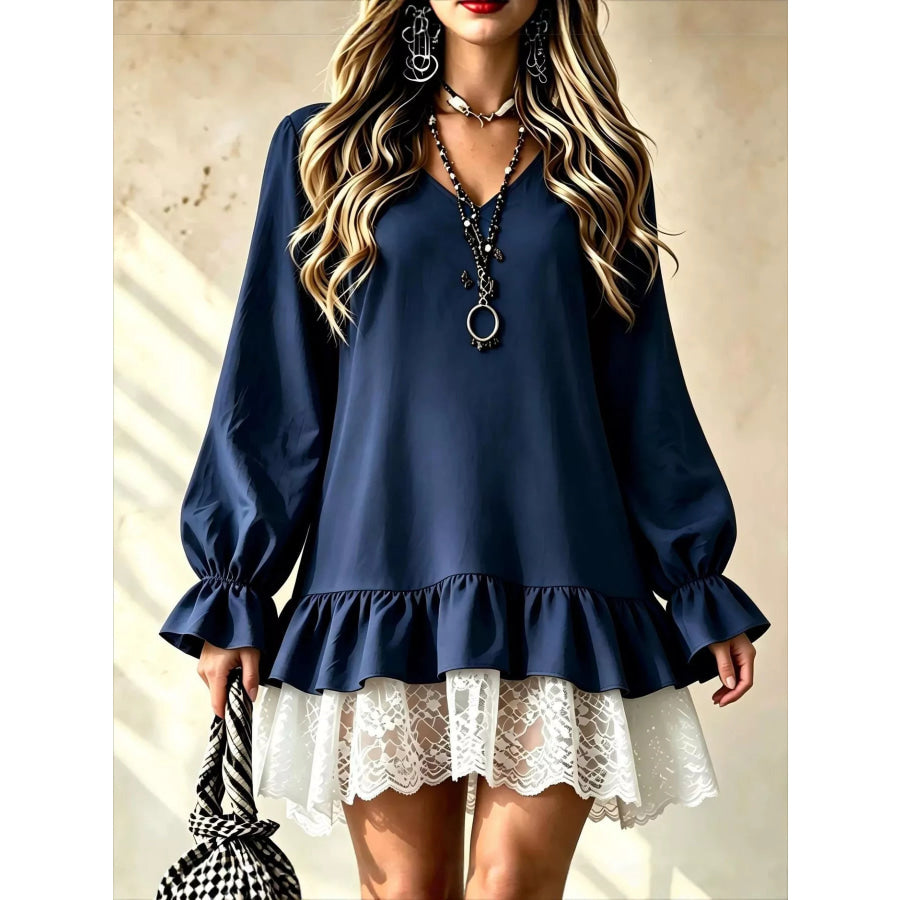 V-Neck Long Sleeve Ruffle Hem Lace Detail Dress Dark Blue / S Apparel and Accessories