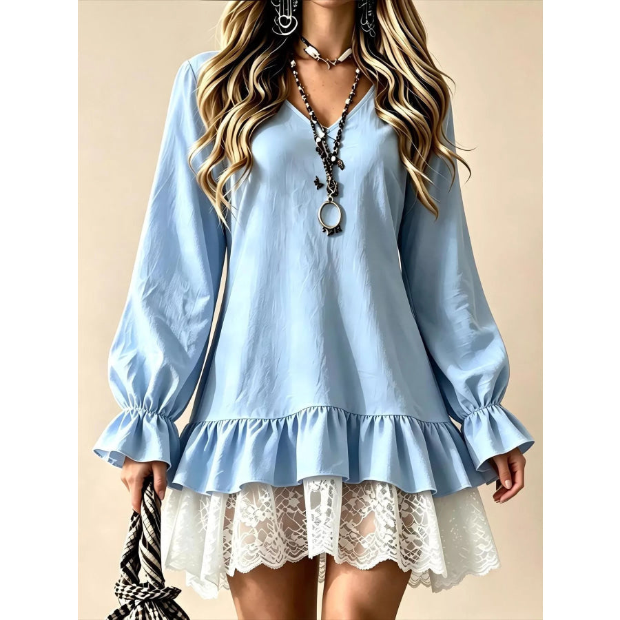 V-Neck Long Sleeve Ruffle Hem Lace Detail Dress Sky Blue / S Apparel and Accessories