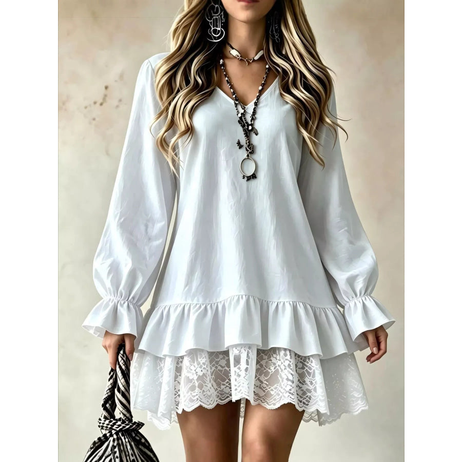 V-Neck Long Sleeve Ruffle Hem Lace Detail Dress White / S Apparel and Accessories