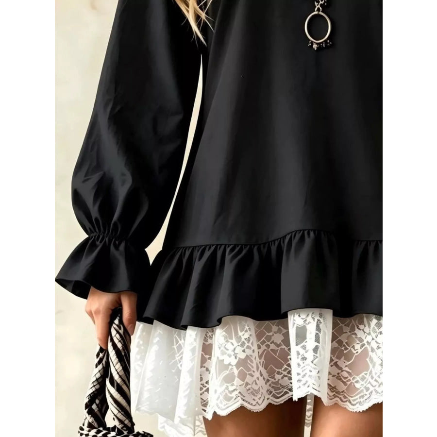 V-Neck Long Sleeve Ruffle Hem Lace Trim Mini Dress Apparel and Accessories