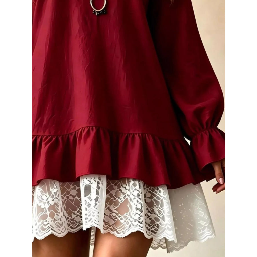 V-Neck Long Sleeve Ruffle Hem Lace Trim Mini Dress Apparel and Accessories