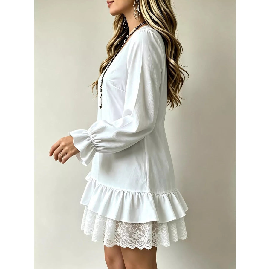 V-Neck Long Sleeve Ruffle Hem Lace Trim Mini Dress Apparel and Accessories