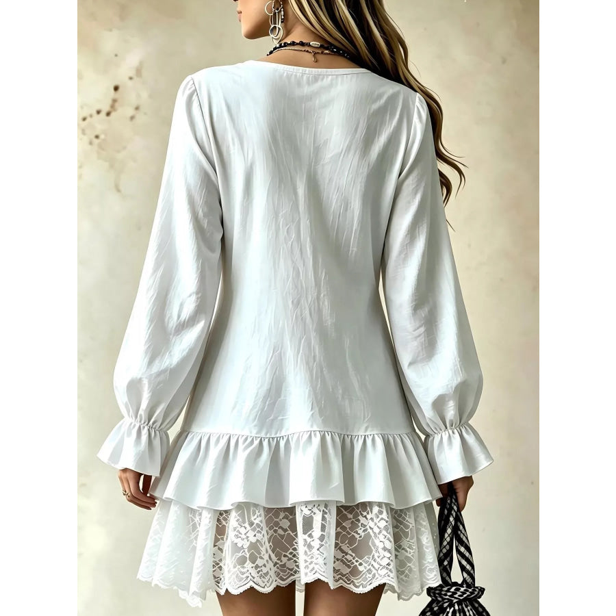 V-Neck Long Sleeve Ruffle Hem Lace Trim Mini Dress Apparel and Accessories