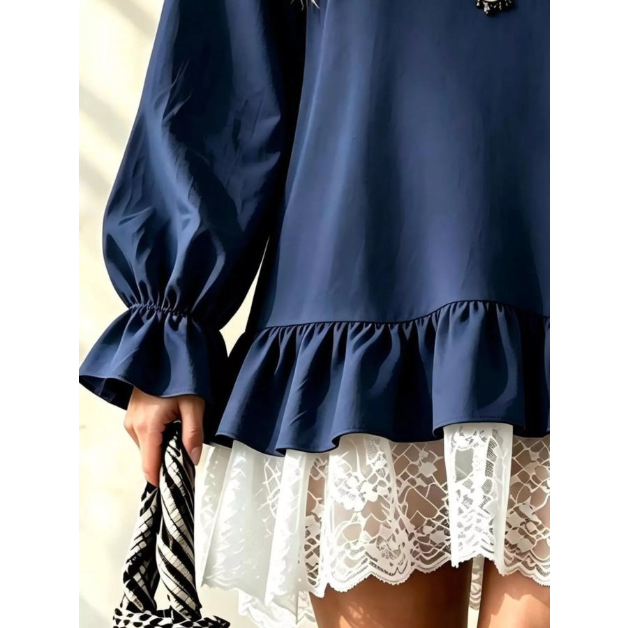 V-Neck Long Sleeve Ruffle Hem Lace Trim Mini Dress Apparel and Accessories
