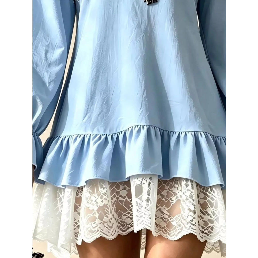 V-Neck Long Sleeve Ruffle Hem Lace Trim Mini Dress Apparel and Accessories