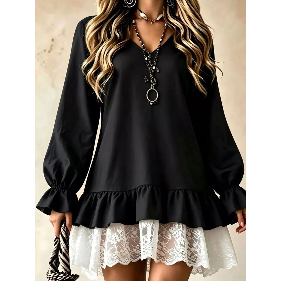 V-Neck Long Sleeve Ruffle Hem Lace Trim Mini Dress Black / S Apparel and Accessories