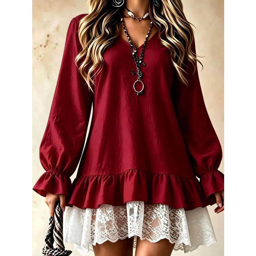 V-Neck Long Sleeve Ruffle Hem Lace Trim Mini Dress Burgundy / S Apparel and Accessories