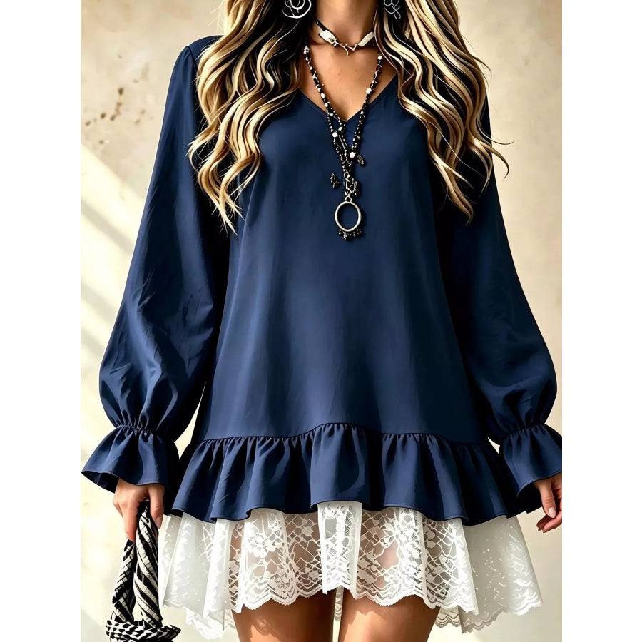 V-Neck Long Sleeve Ruffle Hem Lace Trim Mini Dress Dark Blue / S Apparel and Accessories