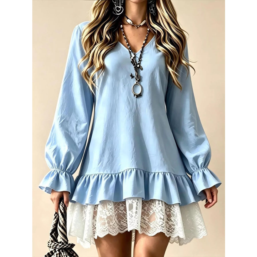 V-Neck Long Sleeve Ruffle Hem Lace Trim Mini Dress Sky Blue / S Apparel and Accessories