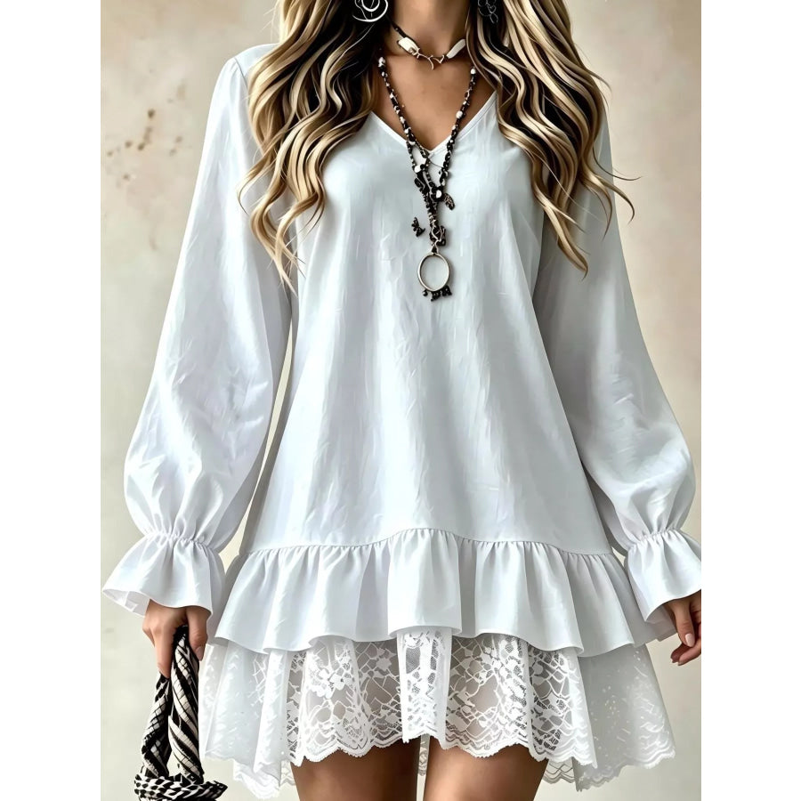 V-Neck Long Sleeve Ruffle Hem Lace Trim Mini Dress White / S Apparel and Accessories