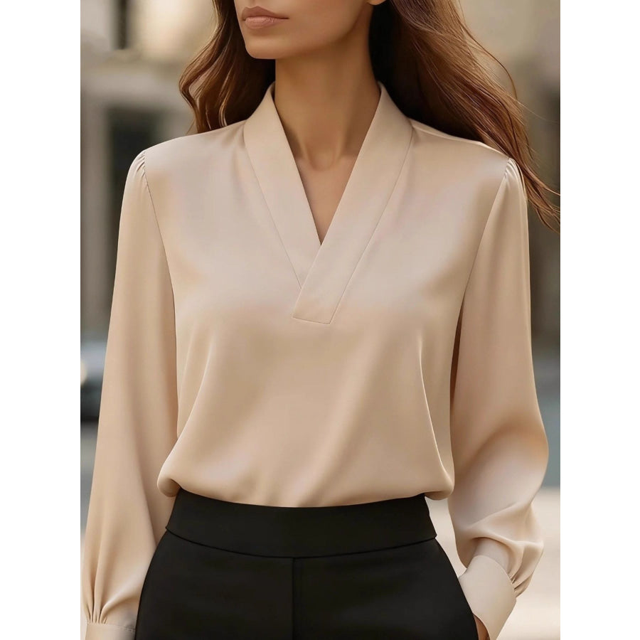 V-Neck Long Sleeve Satin Blouse Khaki / S Apparel and Accessories