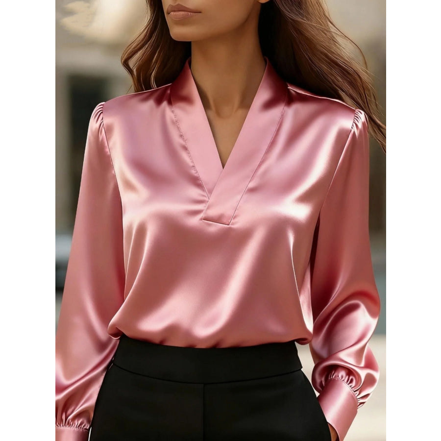 V-Neck Long Sleeve Satin Blouse Pink / S Apparel and Accessories