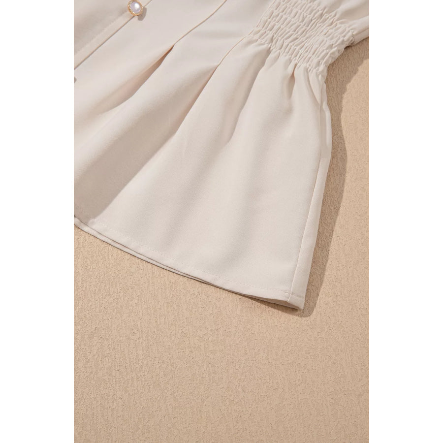 V Neck Long Sleeve Smocked Waist Elegant Blouse Apparel and Accessories