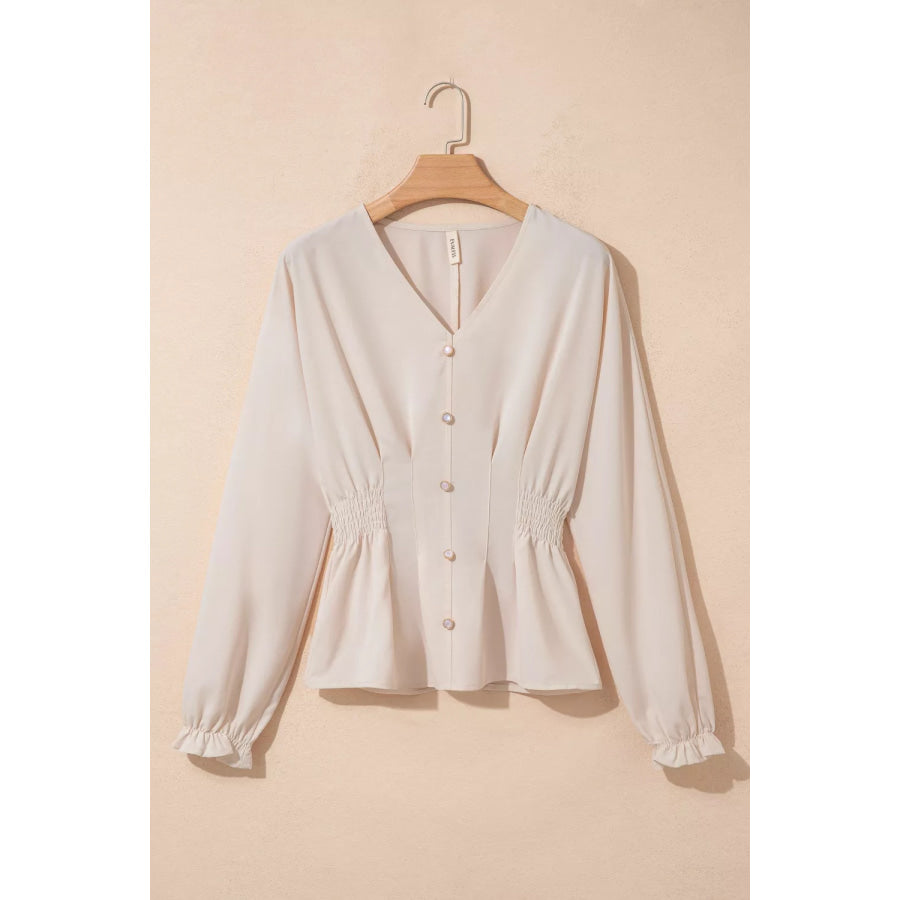 V Neck Long Sleeve Smocked Waist Elegant Blouse Apparel and Accessories