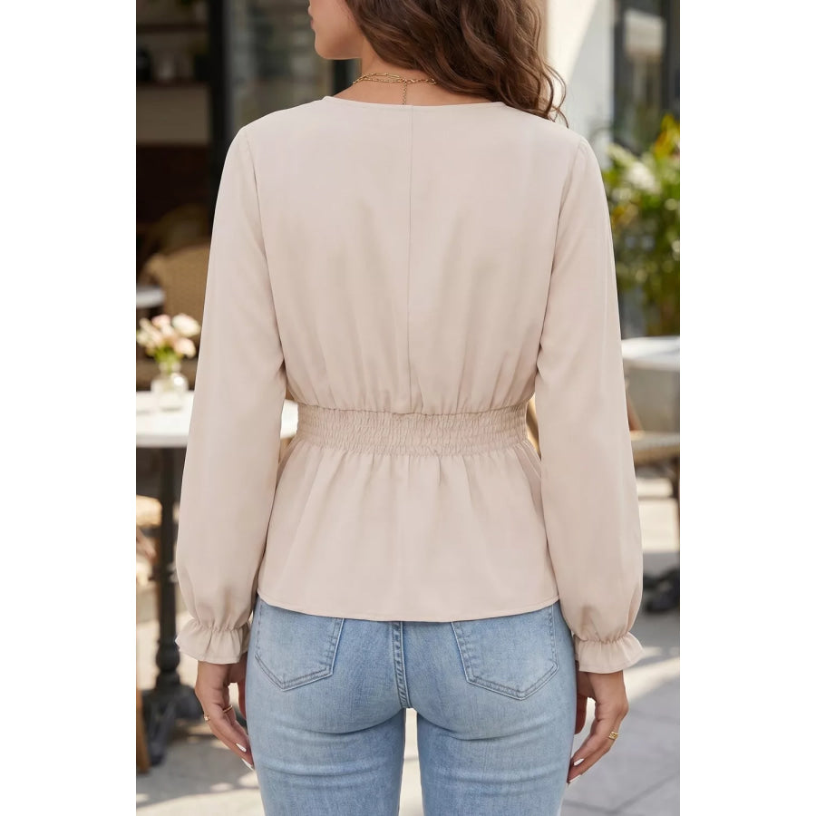 V Neck Long Sleeve Smocked Waist Elegant Blouse Apparel and Accessories