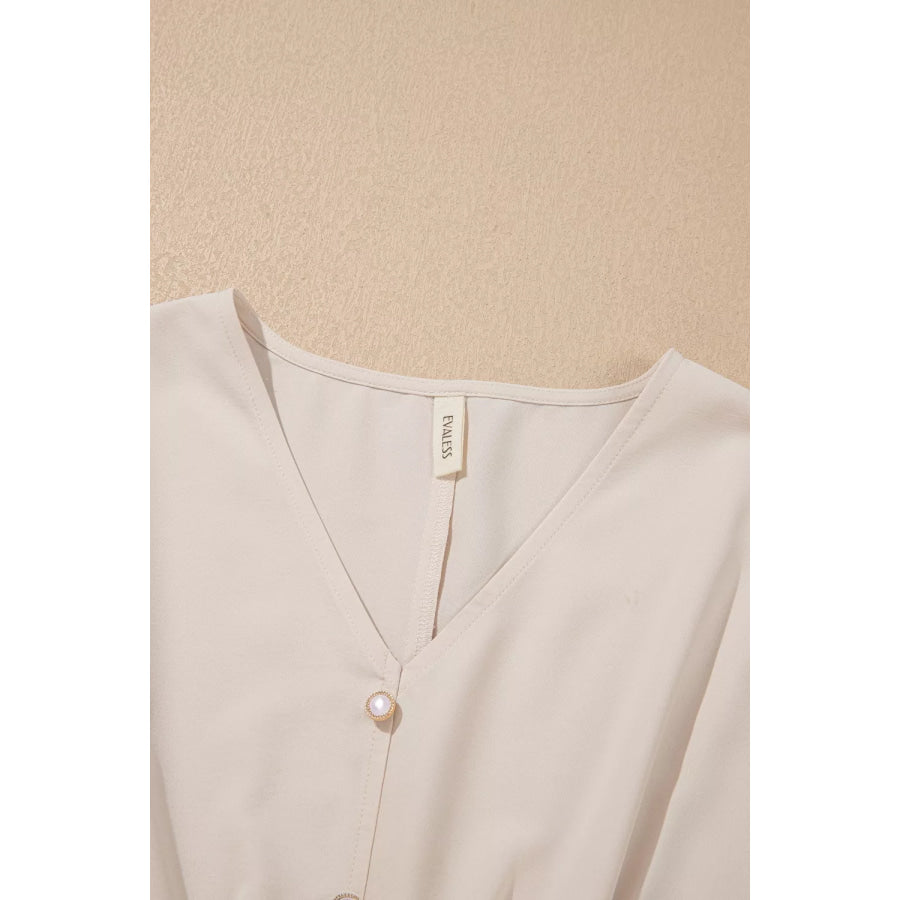 V Neck Long Sleeve Smocked Waist Elegant Blouse Apparel and Accessories