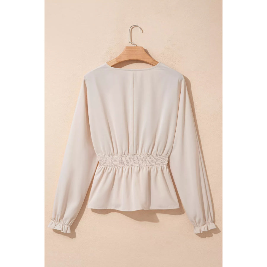 V Neck Long Sleeve Smocked Waist Elegant Blouse Apparel and Accessories