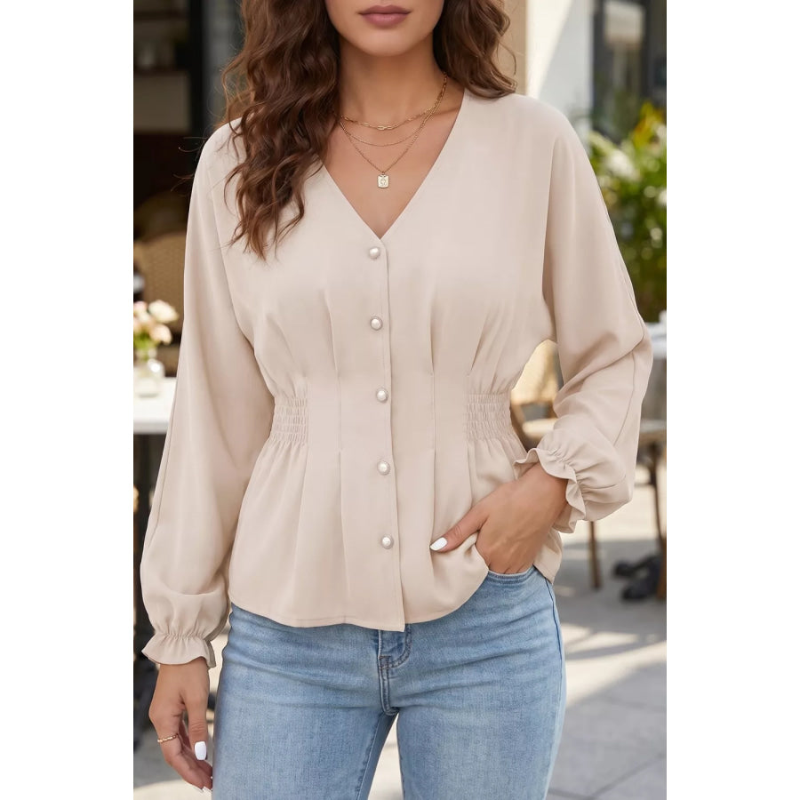 V Neck Long Sleeve Smocked Waist Elegant Blouse Eggshell / S Apparel and Accessories