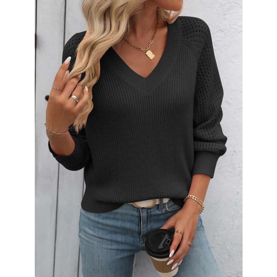 V-Neck Long Sleeve Sweater Black / S Apparel and Accessories