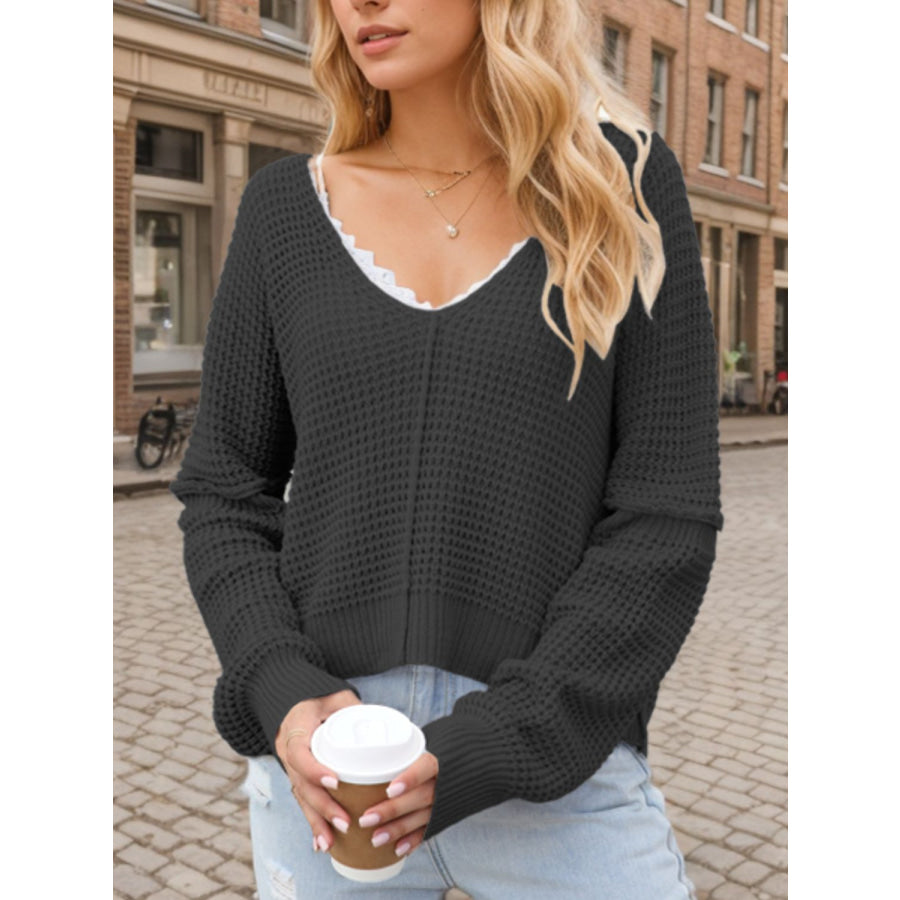 V-Neck Long Sleeve Sweater Black / S Apparel and Accessories