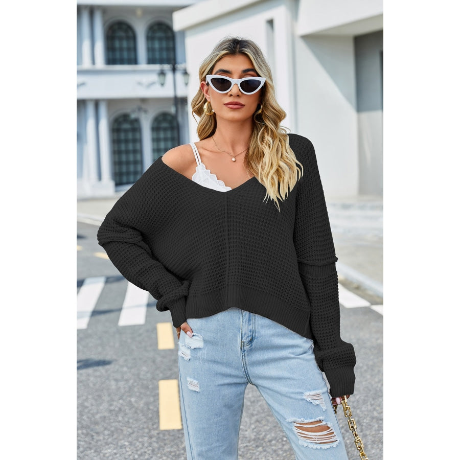 V-Neck Long Sleeve Sweater Black / S