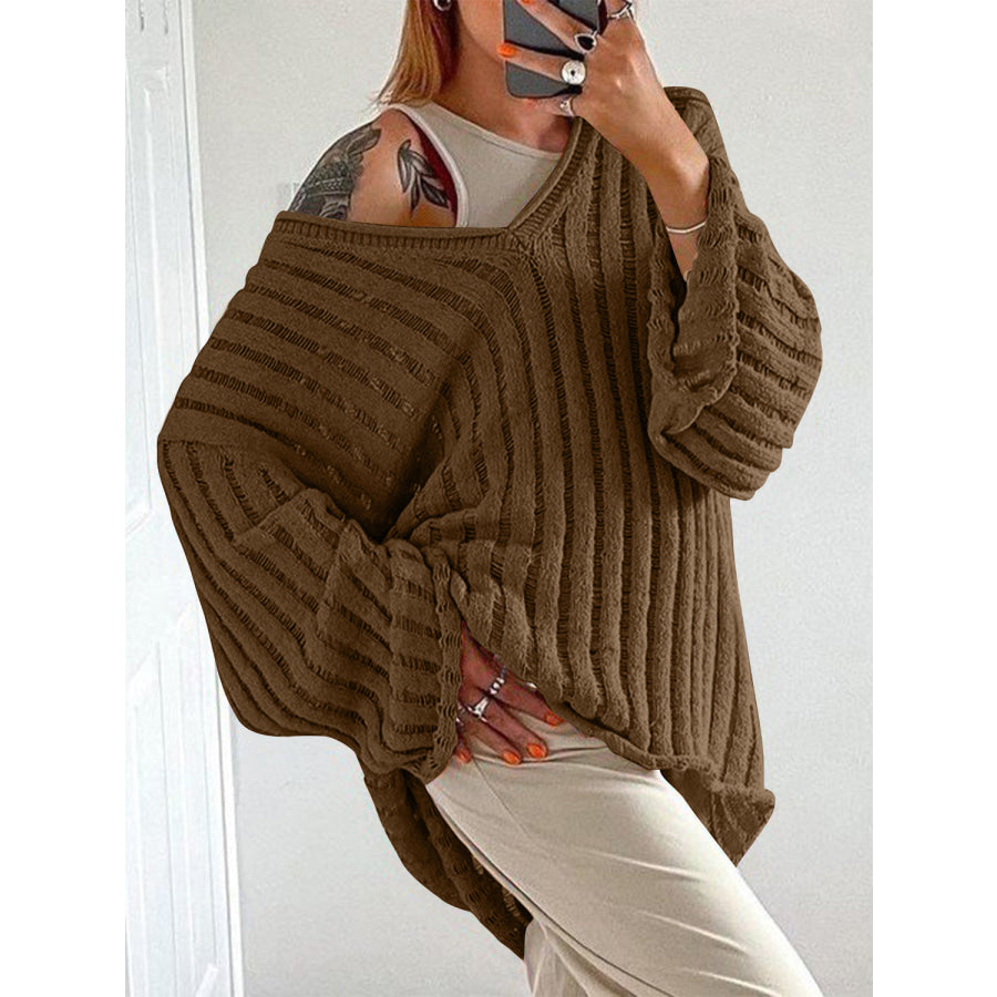 V-Neck Long Sleeve Sweater Coffee Brown / S Apparel and Accessories