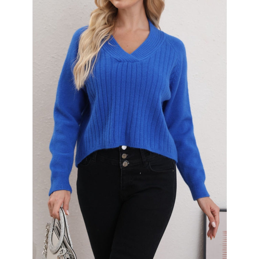 V-Neck Long Sleeve Sweater Royal Blue / One Size Apparel and Accessories