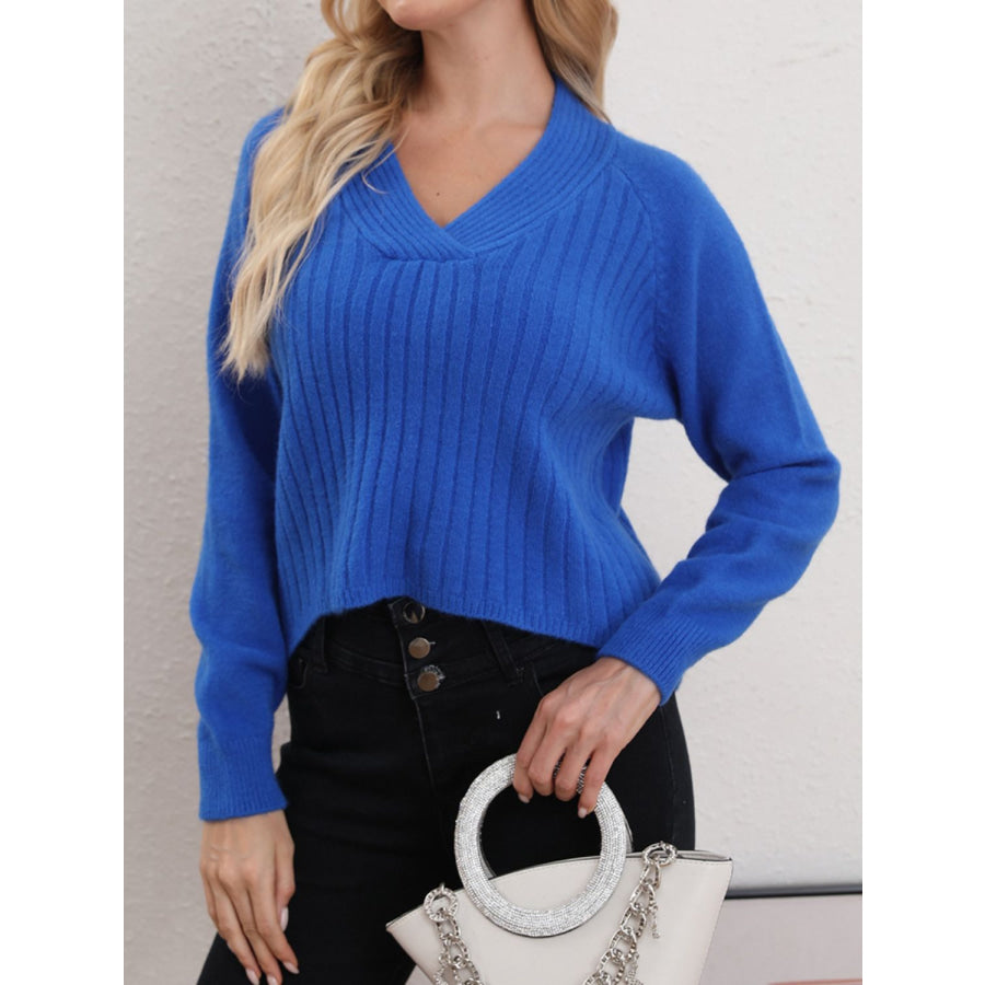 V-Neck Long Sleeve Sweater Royal Blue / One Size Apparel and Accessories