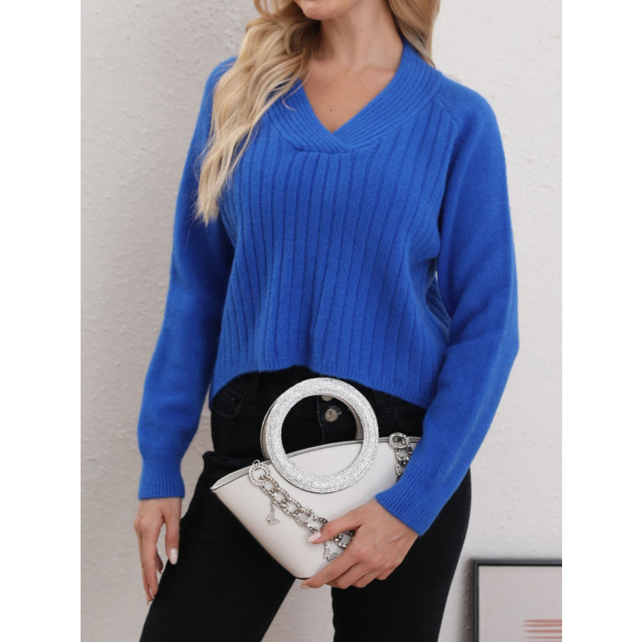 V-Neck Long Sleeve Sweater Royal Blue / One Size Apparel and Accessories