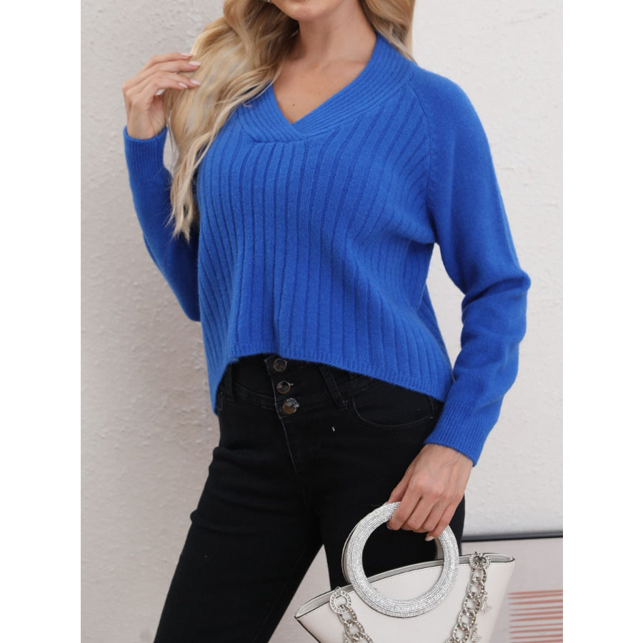 V-Neck Long Sleeve Sweater Royal Blue / One Size Apparel and Accessories