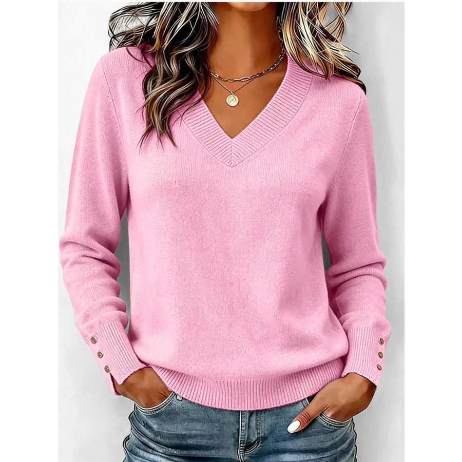 V-Neck Long Sleeve Sweater w Pink / XS Apparel and Accessories