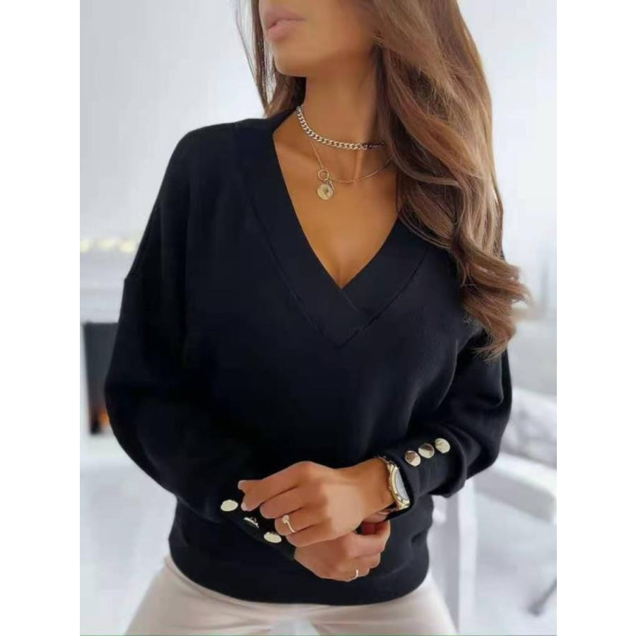 V-Neck Long Sleeve Sweatshirt Black / S Apparel and Accessories